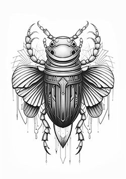 Tattoo template of a mechanical scarab beetle with geometric designs and vivid wings