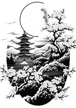 Tattoo template of a pagoda with cherry blossoms and clouds