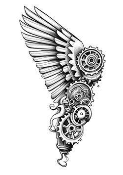 Tattoo template of a mechanical wing with intricate gears and feathers, blending steampunk and angelic elements