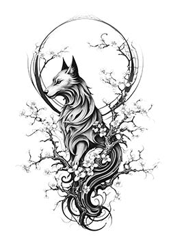 Tattoo template of a wolf with cherry blossoms and a moon