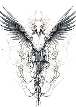 Tattoo template of a mechanical angel with cybernetic details