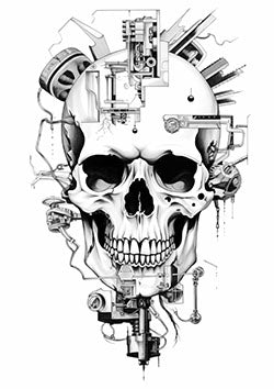 Tattoo template of a detailed skull blending with mechanical elements and technology