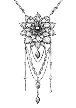 Tattoo template of a detailed flower with a central gemstone and hanging delicate chains