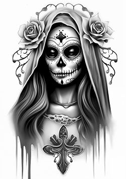 Tattoo template of a woman in a sugar skull mask with roses and intricate details