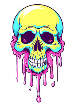 Tattoo template of a neon-colored skull with pink drips melting