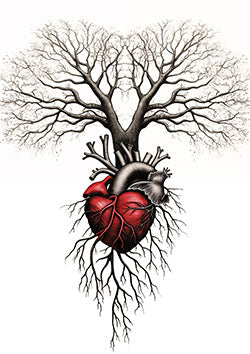 Tattoo template of a heart merging with a tree to represent life and emotional depth