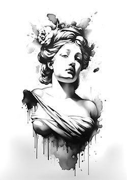 Tattoo template of a serene classical statue of a woman with flowers and expressive ink splashes.