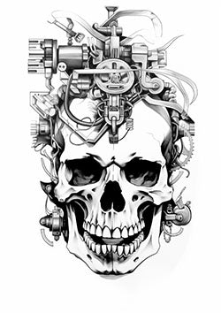 Tattoo template of a detailed skull with mechanical parts in black and white design