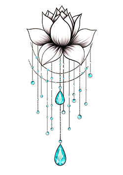 Tattoo template of a lotus flower with turquoise beads and gems cascading down