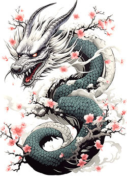 Tattoo template of a dragon with cherry blossoms