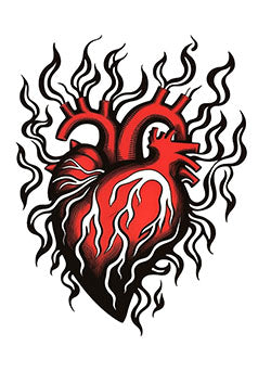 Tattoo template of a red anatomical heart encircled by black flames enhancing its symbolism of passion and vitality.