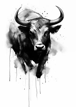 Tattoo template of a fierce black-and-white bull with ink drips