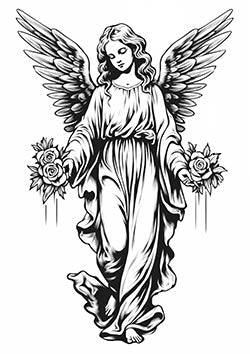 Tattoo template of a serene angel holding roses with outspread wings