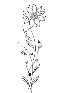 Tattoo template of a delicate flower with leaves and flowing dots.