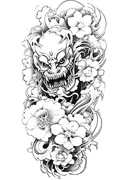 Tattoo template of an oni demon mask with peonies