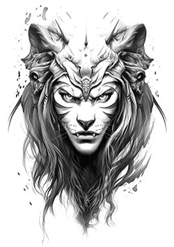 Tattoo template of a woman adorned with a lion headdress