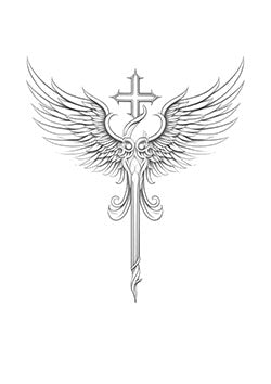 Tattoo template of a sword with angel wings and a cross, symbolizing divine protection and strength