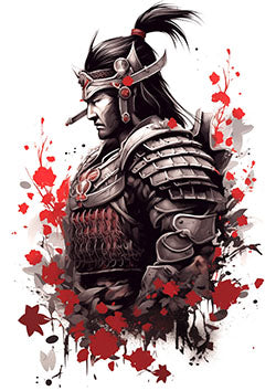 Tattoo template of a samurai surrounded by cherry blossoms