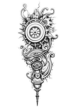 Tattoo template of a mechanical design featuring gears and abstract swirling patterns