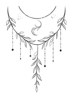 Tattoo template of a vine with hanging beads and moons arranged in an elegant crescent shape