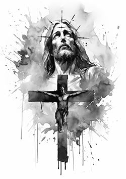 Tattoo template of Jesus on the cross with watercolor effects in black and gray ink style