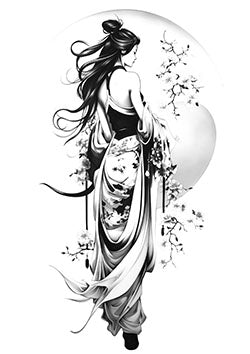 Tattoo template of a woman in a floral kimono with the moon in the background