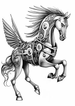 Tattoo template of a mechanical Pegasus designed with gears and technological elements.