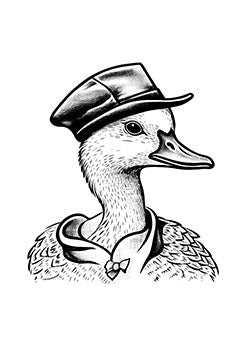 Tattoo template of a dignified duck with a hat and bow tie