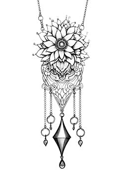 Tattoo template of a detailed flower pendant with dangling chains and intricate patterns.