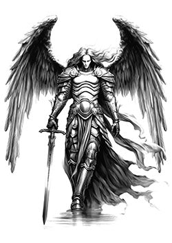 Tattoo template of an angelic warrior with wings and a sword