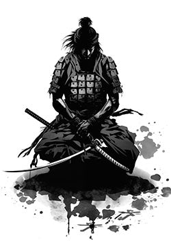 Tattoo template of a seated samurai with crossed swords