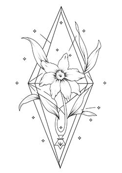 Tattoo template of a flower entwined within a geometric diamond with small stars