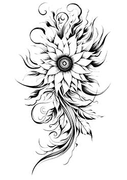 Tattoo template of a detailed sunflower with swirling tendrils