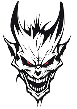 Tattoo template of a grinning demonic face with red eyes.