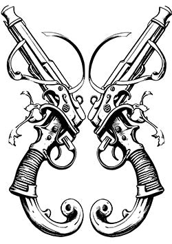 Tattoo template of a pair of intricately designed flintlock pistols crossed with ribbons