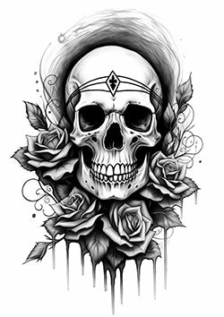 Tattoo template of a skull with roses intertwining in black and gray style