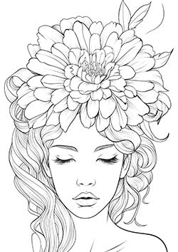 Tattoo template of a serene woman with a flower crown and flowing hair