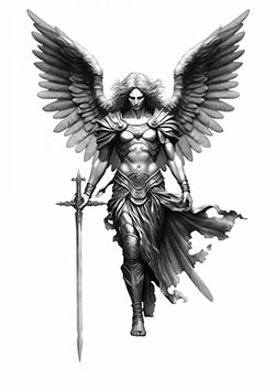 Tattoo template of a majestic angel with a sword and detailed armor, large wings spread wide behind them emanating strength and protection