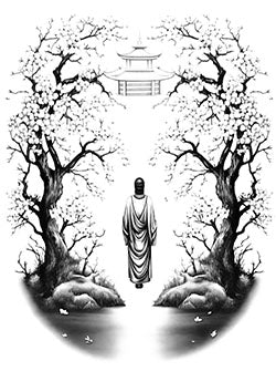 Tattoo template of a serene symmetrical design with cherry blossoms and a pagoda