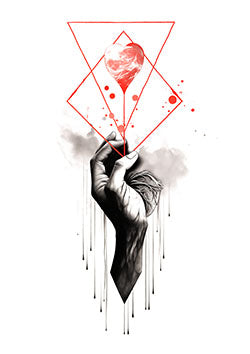 Tattoo template of a hand holding a geometric heart with surreal and passionate elements