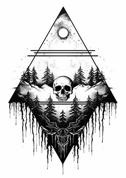 Tattoo template of a skull with forest and mountain design