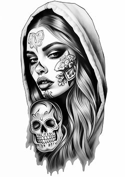 Tattoo template of a beautiful woman with face paint and a skull