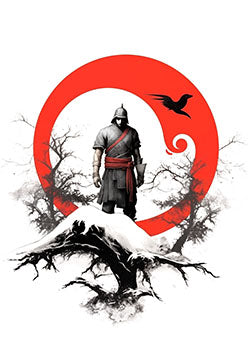 Tattoo template of a samurai with red moon and raven