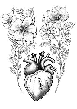 Tattoo template of an anatomical heart with surrounding flowers