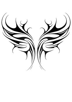 Tattoo template of a symmetrical tribal wings design with intricate black lines