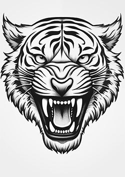 Tattoo template of a tiger's head roaring fiercely with a powerful presence