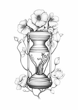 Tattoo template of an hourglass entwined with flowers signifying timeless beauty and the cycle of life