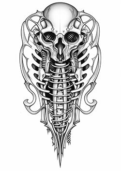 Tattoo template of a detailed biomechanical skull with skeletal and mechanical elements