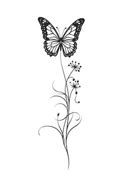 Tattoo template of a butterfly on a floral stem