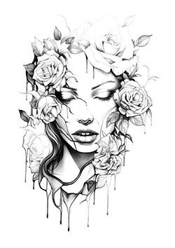 Tattoo template of a serene woman’s face surrounded by blooming roses, portraying beauty and tranquility